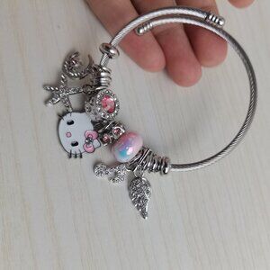💖💫 ⭐Hello Kitty Charm Pendant Tone Bangle Bracelet Silver & Pink